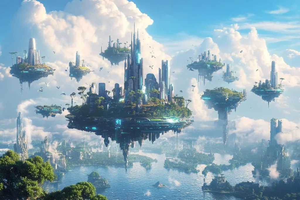 Die digitale Vermittlungsschicht zwischen Mensch und Information visualisiert als futuristische Sci-Fi-Skyline